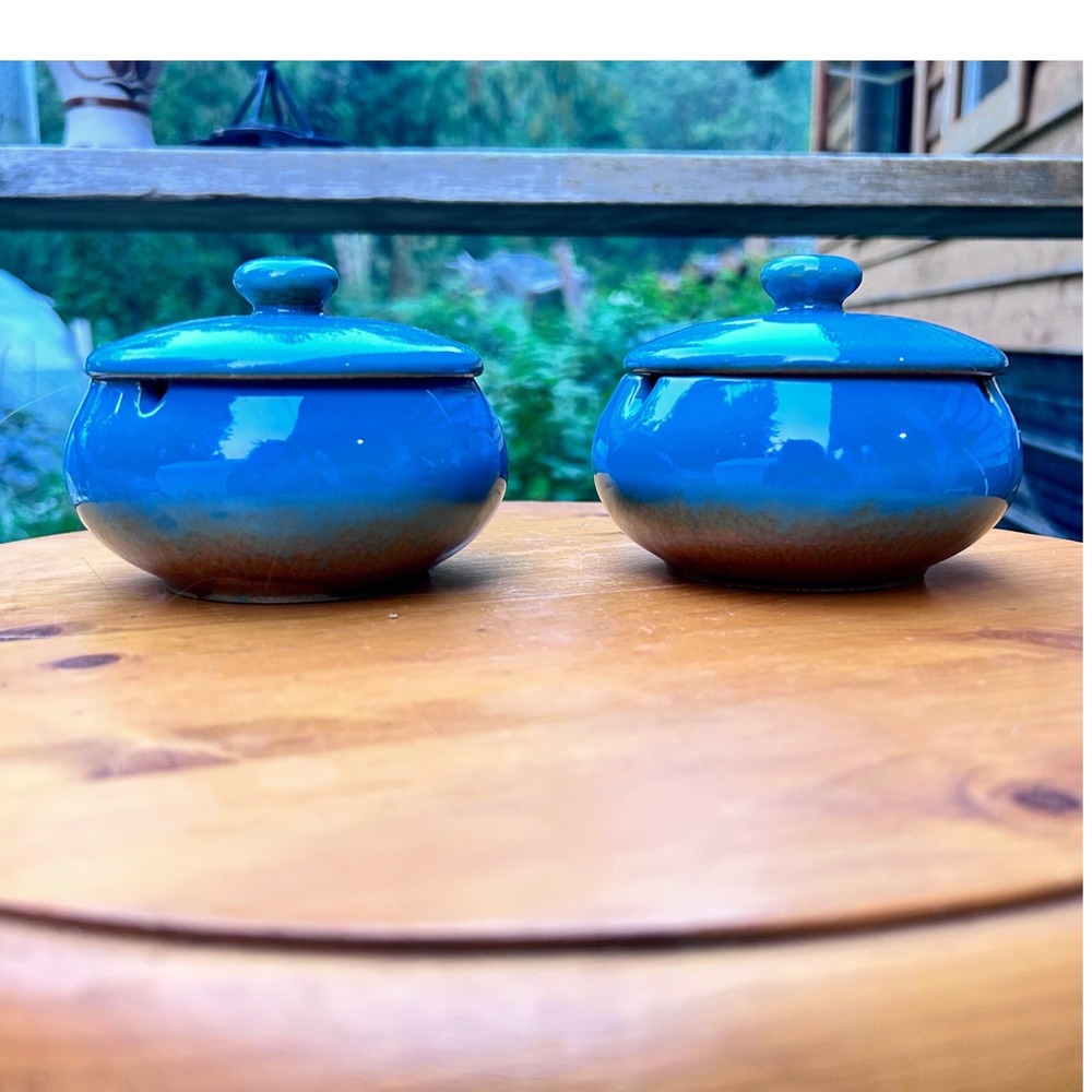 Vintage Studio Pottery Lidded Silent Ashtray Pair Turquoise Blue Ceramic MCM Bro